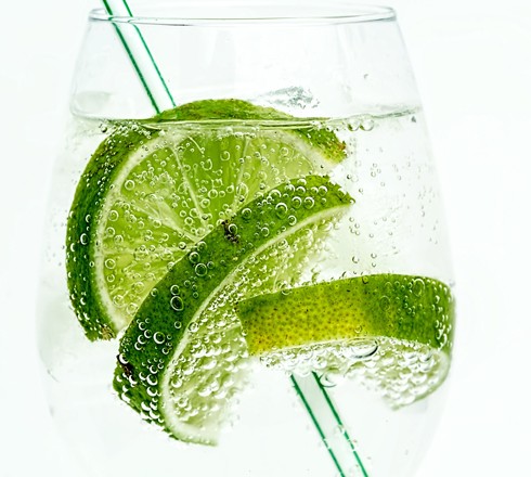 Close up of drink with lemon slices